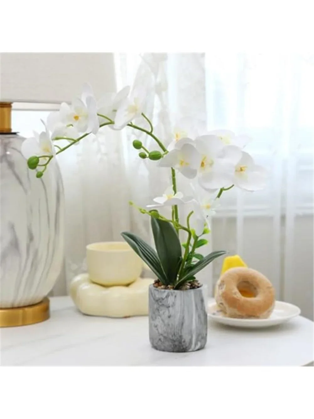 White Artificial Orchid Flowers Pot Faux Silk Phalaenopsis Wedding Table Decor